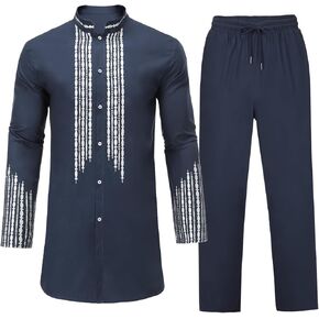 طقم Daupanzees رجالي أفريقي مكون من قطعتين بدلة تقليدية Dashiki بأزرار سفلية وقميص وسروال