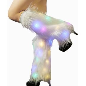 CanB White Faux Fur Leg Warmers Light Up Rave LED Leg Cover 80s Winter Furry Long Boot Covers Sexy Fun Dance Hosiery for Women and Girls in Saudi Arabia