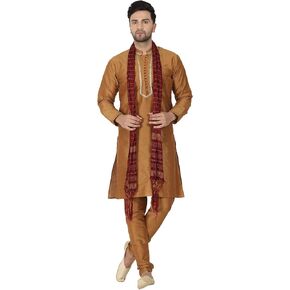 SKAVIJ Men's Art Silk Ethnic Kurta Pajama and Scarf Suit Festivals Season Party Dress Set