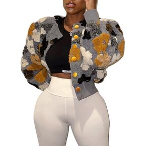 Fleece Jacket Women Button Down Long Puff Sleeve Flower Pom Pom Cropped Sweater Bomber Jackets