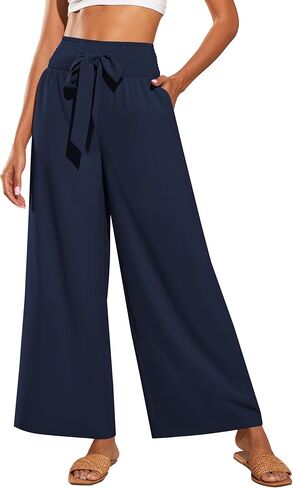 ZAFUL المرأة السراويل واسعة الساق عالية الخصر التعادل عقدة الأعمال عارضة فضفاض صالة السراويل مع جيوب in Kuwait