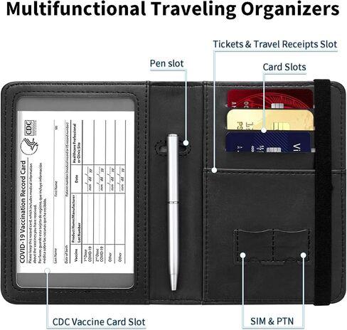 مجموعة حامل بطاقات جواز السفر واللقاح، غطاء جواز سفر لطيف من جلد البولي يوريثان يحجب RFID مع فتحة حامل بطاقة لقاح كوفيد للنساء والرجال (مع قلم) - فراشة أرجوانية in Saudi Arabia