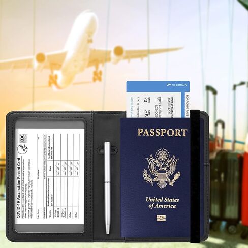 مجموعة حامل بطاقات جواز السفر واللقاح، غطاء جواز سفر لطيف من جلد البولي يوريثان يحجب RFID مع فتحة حامل بطاقة لقاح كوفيد للنساء والرجال (مع قلم) - فراشة أرجوانية in Saudi Arabia