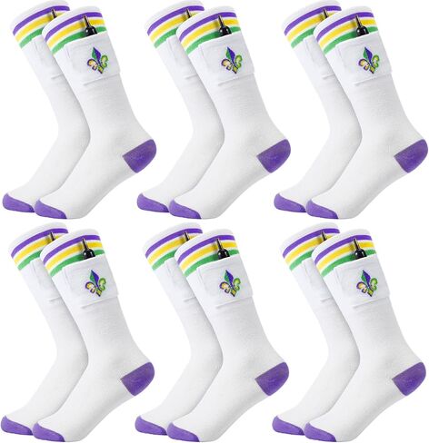 Cuffbow 6 Pairs Funny Mardi Gras Crew Socks with Small Pocket Flower Patterned Purple Green Gold Socks Cotton Novelty Mid Calf Dress Socks for Women Men Size 8-12 in Saudi Arabia