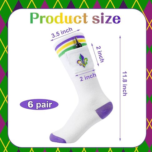Cuffbow 6 Pairs Funny Mardi Gras Crew Socks with Small Pocket Flower Patterned Purple Green Gold Socks Cotton Novelty Mid Calf Dress Socks for Women Men Size 8-12 in Saudi Arabia
