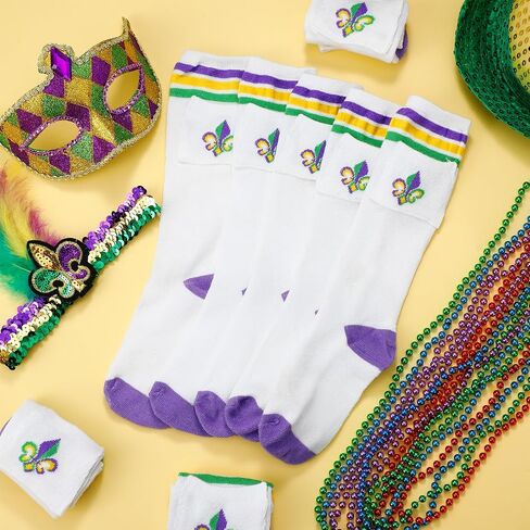 Cuffbow 6 Pairs Funny Mardi Gras Crew Socks with Small Pocket Flower Patterned Purple Green Gold Socks Cotton Novelty Mid Calf Dress Socks for Women Men Size 8-12 in Saudi Arabia