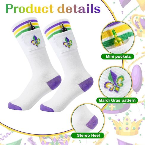 Cuffbow 6 Pairs Funny Mardi Gras Crew Socks with Small Pocket Flower Patterned Purple Green Gold Socks Cotton Novelty Mid Calf Dress Socks for Women Men Size 8-12 in Saudi Arabia