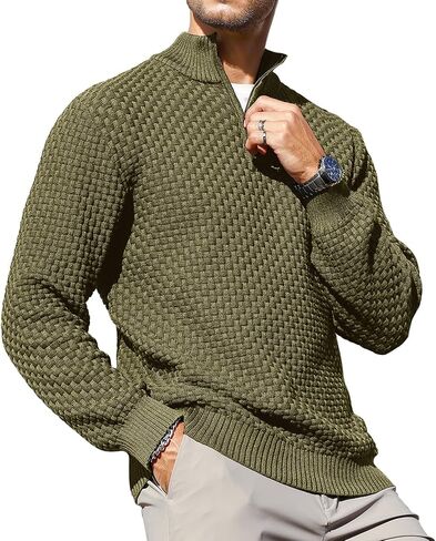 Zaitun Men's Quarter-Zip Sweater Polo Zip Up Pullover Cable Knit Turtleneck in Saudi Arabia