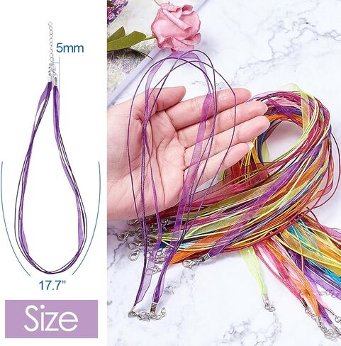 Beadthoven 100 Strands Multi-Strand Ribbon Necklace Cord with 3 Loops Waxed Cord Organza Ribbon Alloy Lobster Claw Clasps Chains for Necklace Making 17.7" Solid Mixed Color in Saudi Arabia