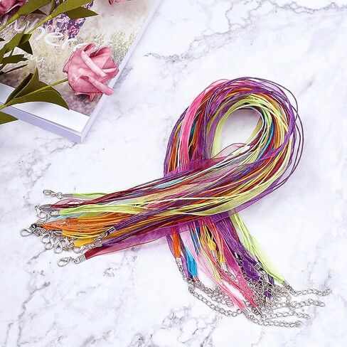 Beadthoven 100 Strands Multi-Strand Ribbon Necklace Cord with 3 Loops Waxed Cord Organza Ribbon Alloy Lobster Claw Clasps Chains for Necklace Making 17.7" Solid Mixed Color in Saudi Arabia