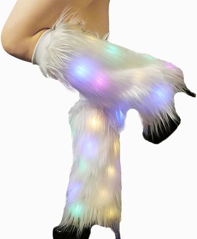 CanB White Faux Fur Leg Warmers Light Up Rave LED Leg Cover 80s Winter Furry Long Boot Covers Sexy Fun Dance Hosiery for Women and Girls in Saudi Arabia