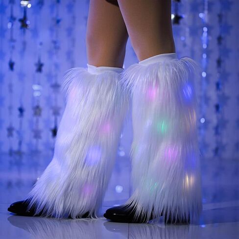 CanB White Faux Fur Leg Warmers Light Up Rave LED Leg Cover 80s Winter Furry Long Boot Covers Sexy Fun Dance Hosiery for Women and Girls in Saudi Arabia