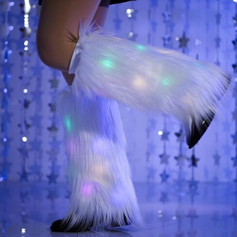 CanB White Faux Fur Leg Warmers Light Up Rave LED Leg Cover 80s Winter Furry Long Boot Covers Sexy Fun Dance Hosiery for Women and Girls in Saudi Arabia