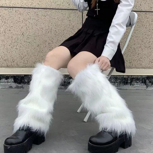 CanB White Faux Fur Leg Warmers Light Up Rave LED Leg Cover 80s Winter Furry Long Boot Covers Sexy Fun Dance Hosiery for Women and Girls in Saudi Arabia