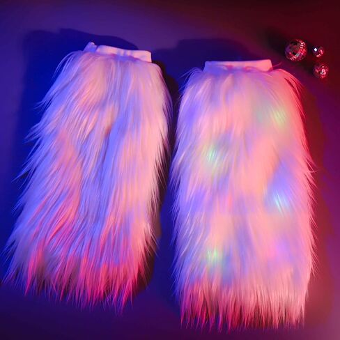 CanB White Faux Fur Leg Warmers Light Up Rave LED Leg Cover 80s Winter Furry Long Boot Covers Sexy Fun Dance Hosiery for Women and Girls in Saudi Arabia