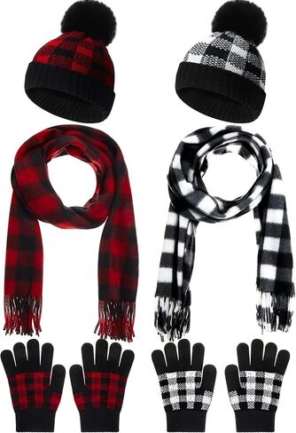 6 Pcs Buffalo Plaid Winter Warm Sets for Kids 2 Pcs Knitted Pom Beanie Hat in Saudi Arabia