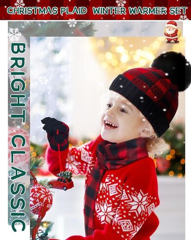 6 Pcs Buffalo Plaid Winter Warm Sets for Kids 2 Pcs Knitted Pom Beanie Hat in Saudi Arabia