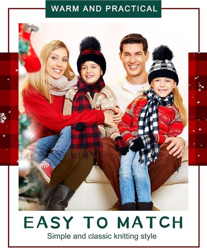 6 Pcs Buffalo Plaid Winter Warm Sets for Kids 2 Pcs Knitted Pom Beanie Hat in Saudi Arabia