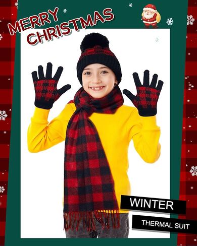 6 Pcs Buffalo Plaid Winter Warm Sets for Kids 2 Pcs Knitted Pom Beanie Hat in Saudi Arabia