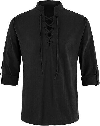 Karlywindow Mens Medieval Pirate Shirt Retro Renaissance Viking Long Sleeve Lace Up Mercenary Halloween Scottish Tops in Saudi Arabia