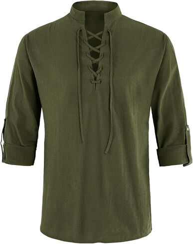 Karlywindow Mens Medieval Pirate Shirt Retro Renaissance Viking Long Sleeve Lace Up Mercenary Halloween Scottish Tops in Saudi Arabia