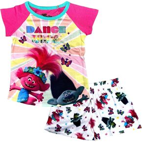 طقم بيجامة ناعمة للبنات من ترولز - بلوزة بأكمام قصيرة ورقبة دائرية وبيجامة in Kuwait