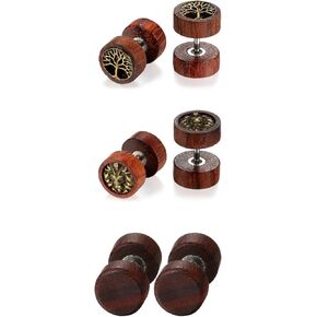 OIDEA 3/6 Pairs Natural Wood Stainless Steel Fake Gauges Earrings,Life Tree,Lion Head Charm Cheater Faux Ear Plugs Gauges Illusion Screw,Hypoallergenic in Kuwait