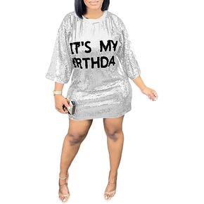 Yameay فستان عيد ميلاد للنساء فستان عيد ميلاد مزين بالترتر ومطبوع عليه حروف جرافيك فستان نصف كم in Kuwait