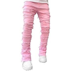 Mxiqqpltky Mens Stacked Jeans Slim Straight Black Ripped Jeans Skinny Distressed Denim Pants Destroyed Denim Jeans Streetwear