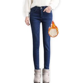 جينز نسائي شتوي مبطن بصوف الشيربا، سروال دينم حراري من الكشمير القابل للتمدد in Kuwait