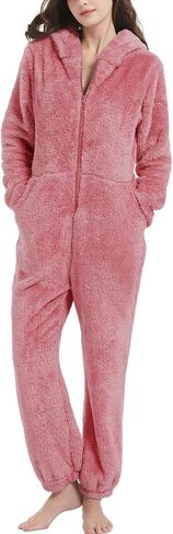 COZYPOIN Women Fleece Hoodie Onesie Pajamas Jumpsuit Zipper Fuzzy Romper Loungewear Sleepwear with Ear in Saudi Arabia