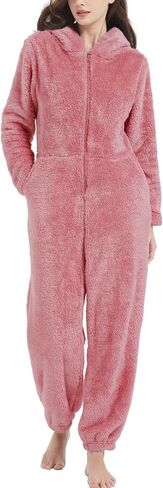 COZYPOIN Women Fleece Hoodie Onesie Pajamas Jumpsuit Zipper Fuzzy Romper Loungewear Sleepwear with Ear in Saudi Arabia