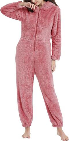 COZYPOIN Women Fleece Hoodie Onesie Pajamas Jumpsuit Zipper Fuzzy Romper Loungewear Sleepwear with Ear in Saudi Arabia