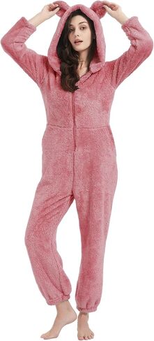 COZYPOIN Women Fleece Hoodie Onesie Pajamas Jumpsuit Zipper Fuzzy Romper Loungewear Sleepwear with Ear in Saudi Arabia