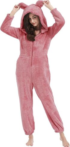 COZYPOIN Women Fleece Hoodie Onesie Pajamas Jumpsuit Zipper Fuzzy Romper Loungewear Sleepwear with Ear in Saudi Arabia