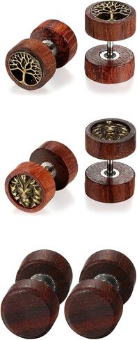 OIDEA 3/6 Pairs Natural Wood Stainless Steel Fake Gauges Earrings,Life Tree,Lion Head Charm Cheater Faux Ear Plugs Gauges Illusion Screw,Hypoallergenic in Kuwait