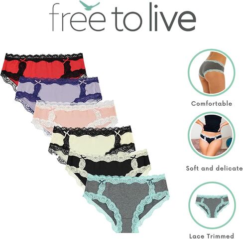 مجموعة من 6 ملابس داخلية نسائية من الدانتيل الملون من Free to Live، سراويل داخلية من القطن والألياف اللدنة in Kuwait