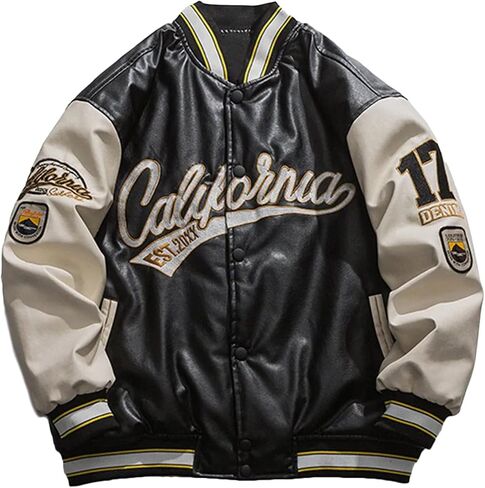 Aelfric Eden Men’s PU Jacket Oversized Varsity Jacket Zipper Closure Casual Patchwork Lamb Collar Winter Coats in Saudi Arabia