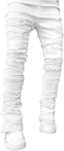 Mxiqqpltky Mens Stacked Jeans Slim Straight Black Ripped Jeans Skinny Distressed Denim Pants Destroyed Denim Jeans Streetwear in Saudi Arabia