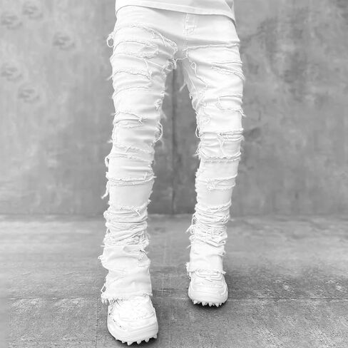 Mxiqqpltky Mens Stacked Jeans Slim Straight Black Ripped Jeans Skinny Distressed Denim Pants Destroyed Denim Jeans Streetwear in Saudi Arabia