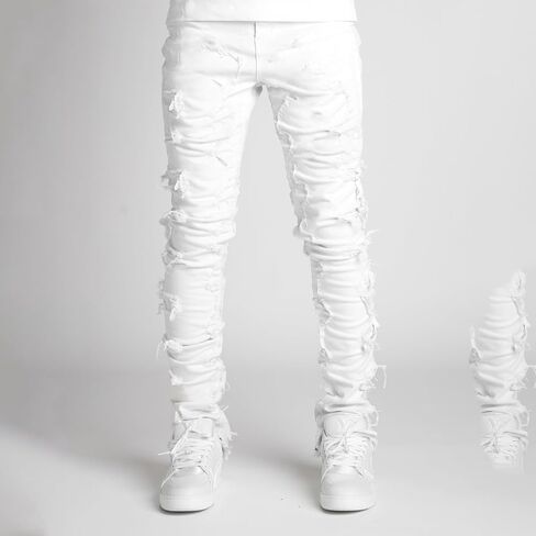 Mxiqqpltky Mens Stacked Jeans Slim Straight Black Ripped Jeans Skinny Distressed Denim Pants Destroyed Denim Jeans Streetwear in Saudi Arabia