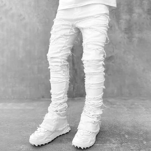Mxiqqpltky Mens Stacked Jeans Slim Straight Black Ripped Jeans Skinny Distressed Denim Pants Destroyed Denim Jeans Streetwear in Saudi Arabia
