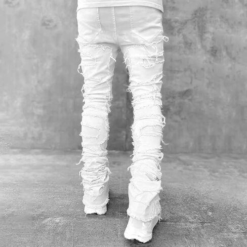 Mxiqqpltky Mens Stacked Jeans Slim Straight Black Ripped Jeans Skinny Distressed Denim Pants Destroyed Denim Jeans Streetwear in Saudi Arabia
