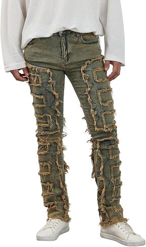 Mxiqqpltky Mens Stacked Jeans Slim Straight Black Ripped Jeans Skinny Distressed Denim Pants Destroyed Denim Jeans Streetwear in Saudi Arabia