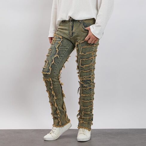 Mxiqqpltky Mens Stacked Jeans Slim Straight Black Ripped Jeans Skinny Distressed Denim Pants Destroyed Denim Jeans Streetwear in Saudi Arabia