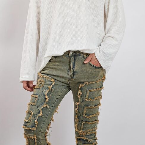 Mxiqqpltky Mens Stacked Jeans Slim Straight Black Ripped Jeans Skinny Distressed Denim Pants Destroyed Denim Jeans Streetwear in Saudi Arabia