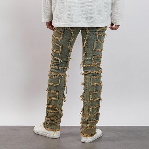 Mxiqqpltky Mens Stacked Jeans Slim Straight Black Ripped Jeans Skinny Distressed Denim Pants Destroyed Denim Jeans Streetwear in Saudi Arabia