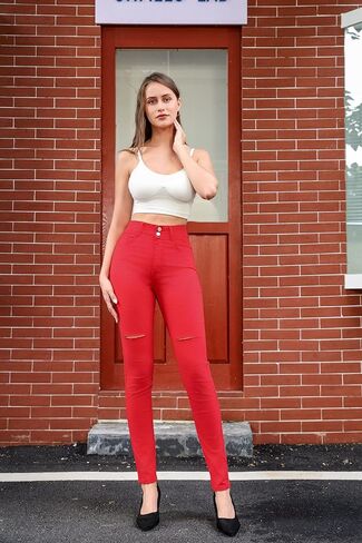 بنطال جينز نسائي من Y imoso بخصر عالٍ ونحيف وقابل للتمدد من قماش الدنيم المتعرج لرفع المؤخرة in Kuwait