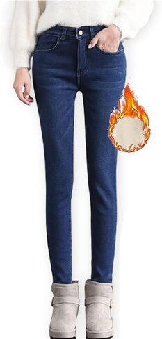 جينز نسائي شتوي مبطن بصوف الشيربا، سروال دينم حراري من الكشمير القابل للتمدد in Kuwait