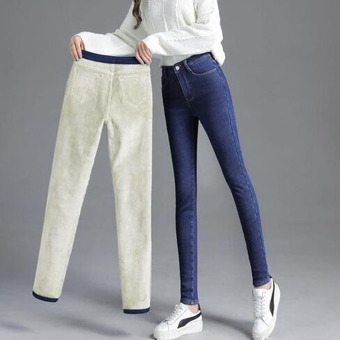 جينز نسائي شتوي مبطن بصوف الشيربا، سروال دينم حراري من الكشمير القابل للتمدد in Kuwait